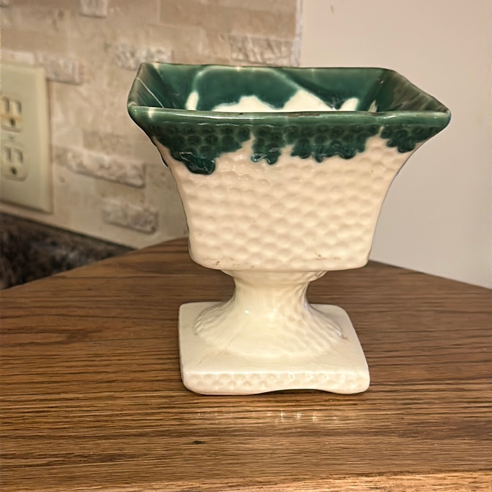 Vintage Pottery Planter Green and White on Pedesta